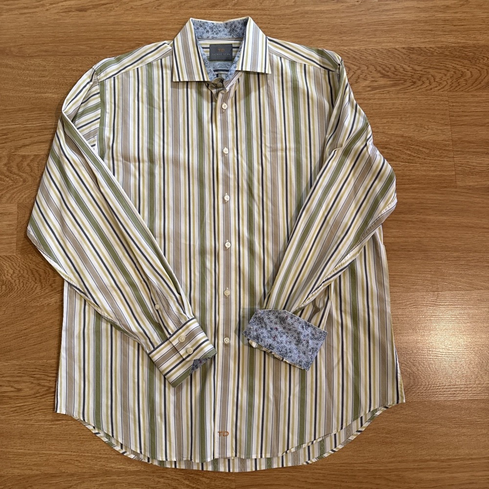 Thomas Dean Shirt Men's Large‎ Multicolor Striped Flip Cuffs 2 Ply Yarn Preppy